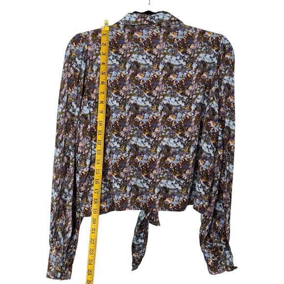 Frnch Sheila Print Floral Linen Blend Long Sleeve Tie Front Cropped Shirt (L) - Picture 10 of 15